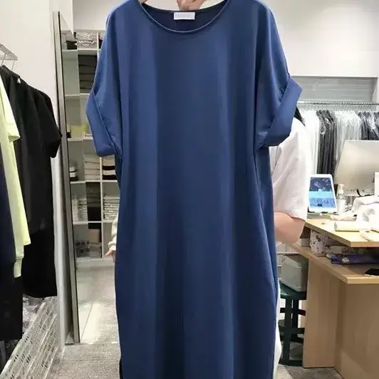 Women's Medium-Length Idle Style T-Shirt Dress Short Sleeves Casual Side Slit Dress Plus Size Korean Version Loose Fit Solid Col
