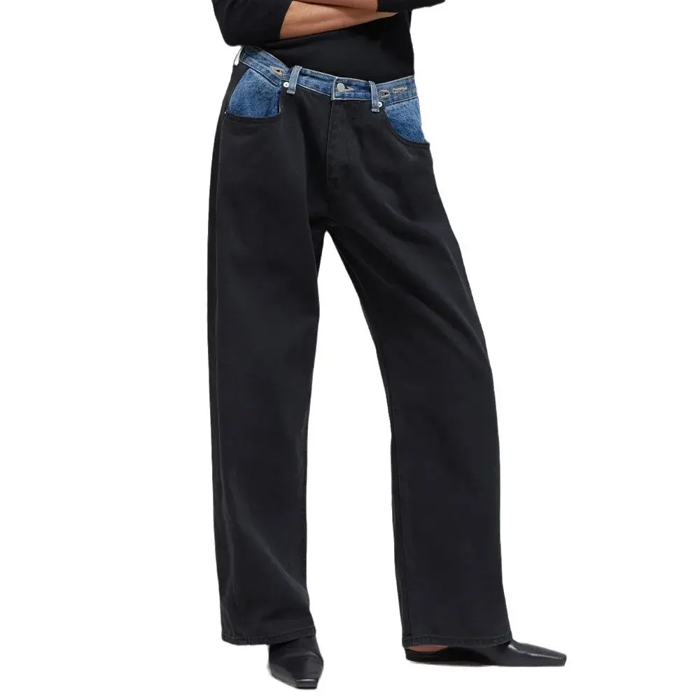 High Waist Wide Leg Straight Cut Jeans Autumn New Design Women's Fashionable Color Block Waist Head Long Pants