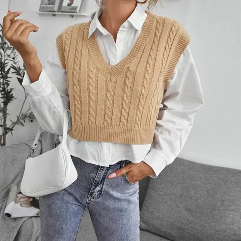 New Women's Knitted Sweater V-Neck Vest Top Sleeveless Pullover Fashionable Female Outerwear Vest China Origin