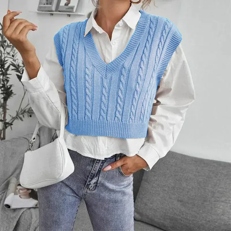 New Women's Knitted Sweater V-Neck Vest Top Sleeveless Pullover Fashionable Female Outerwear Vest China Origin