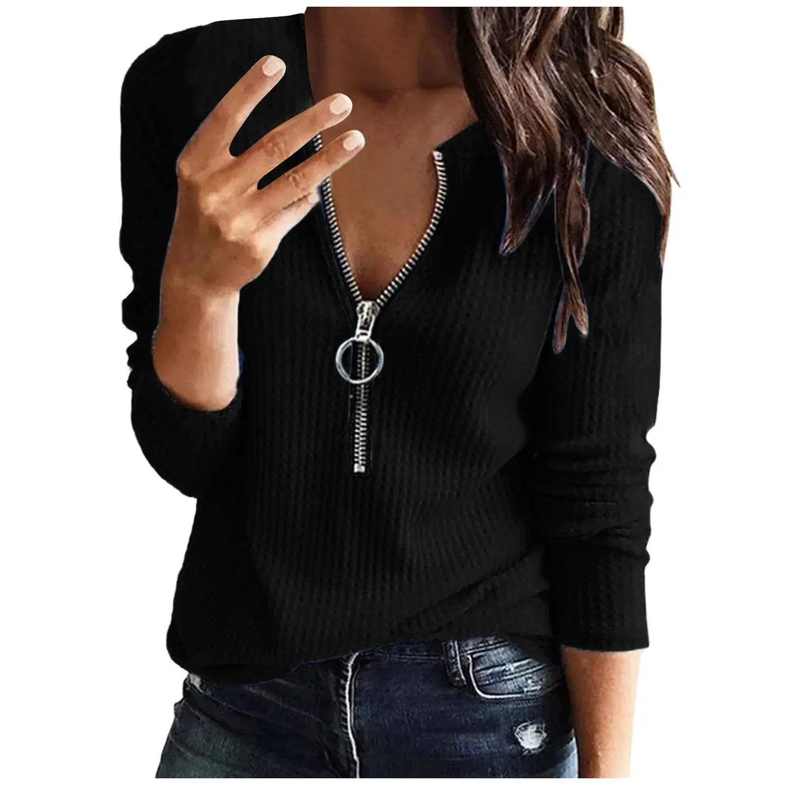 Women's Long Sleeve T-shirt Zipper V-neck Splicing Autumn Winter New Style Cross-border Fashion Independent Station Top