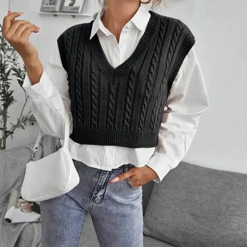 New Women's Knitted Sweater V-Neck Vest Top Sleeveless Pullover Fashionable Female Outerwear Vest China Origin