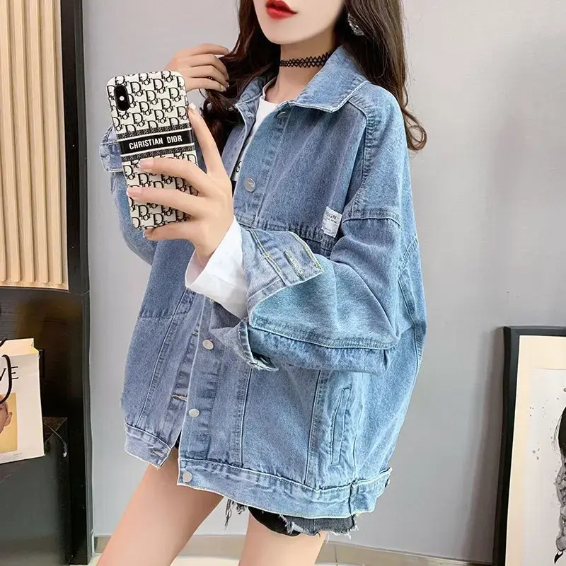 Casual Long Sleeve Denim Shirt Women's Versatile Spring Autumn Wear Multiple Times Outerwear Polyester Fiber Loose Fit