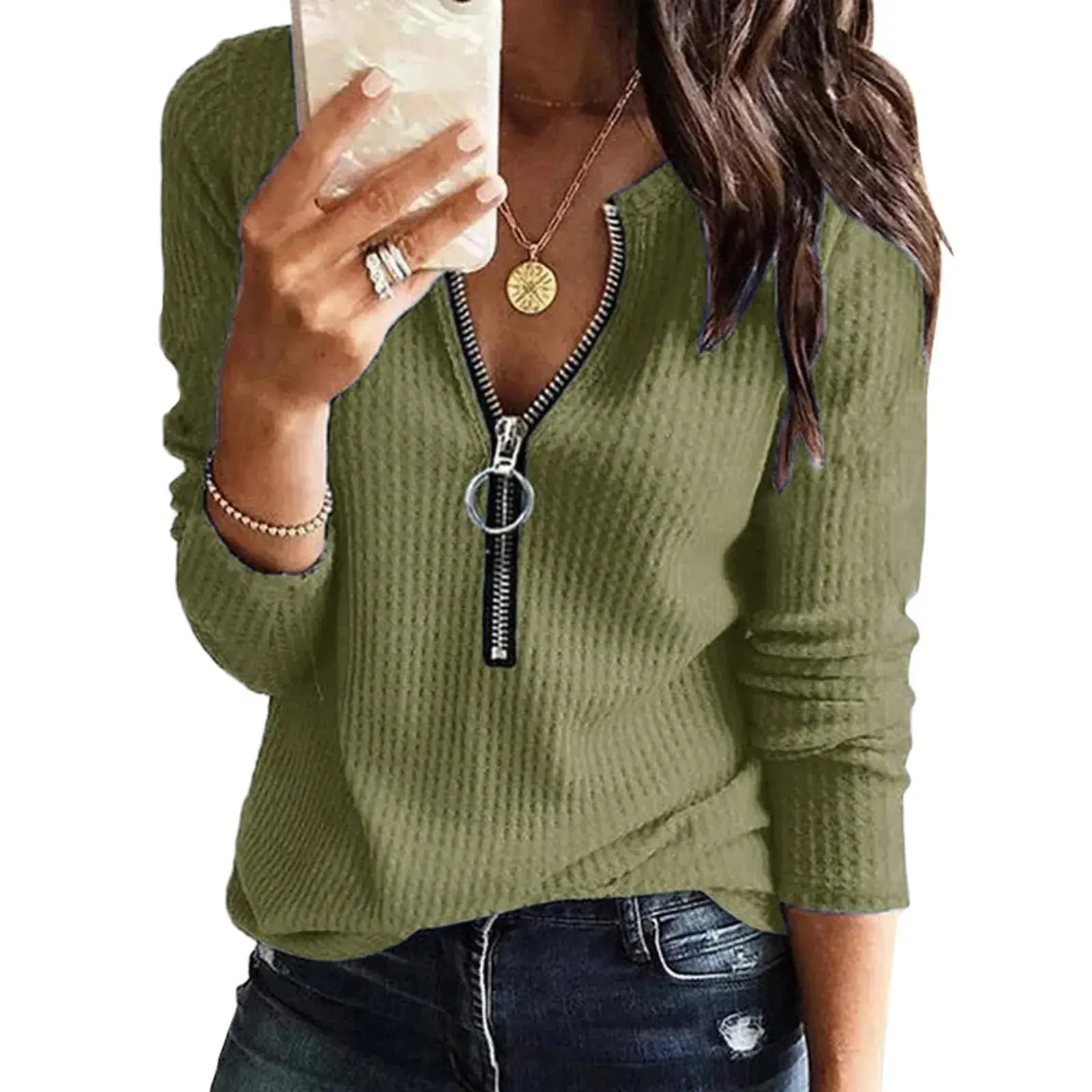 Women's Long Sleeve T-shirt Zipper V-neck Splicing Autumn Winter New Style Cross-border Fashion Independent Station Top