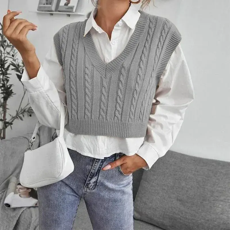 New Women's Knitted Sweater V-Neck Vest Top Sleeveless Pullover Fashionable Female Outerwear Vest China Origin