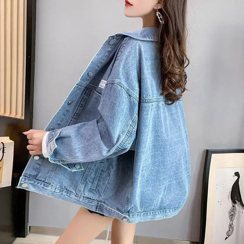 Casual Long Sleeve Denim Shirt Women's Versatile Spring Autumn Wear Multiple Times Outerwear Polyester Fiber Loose Fit