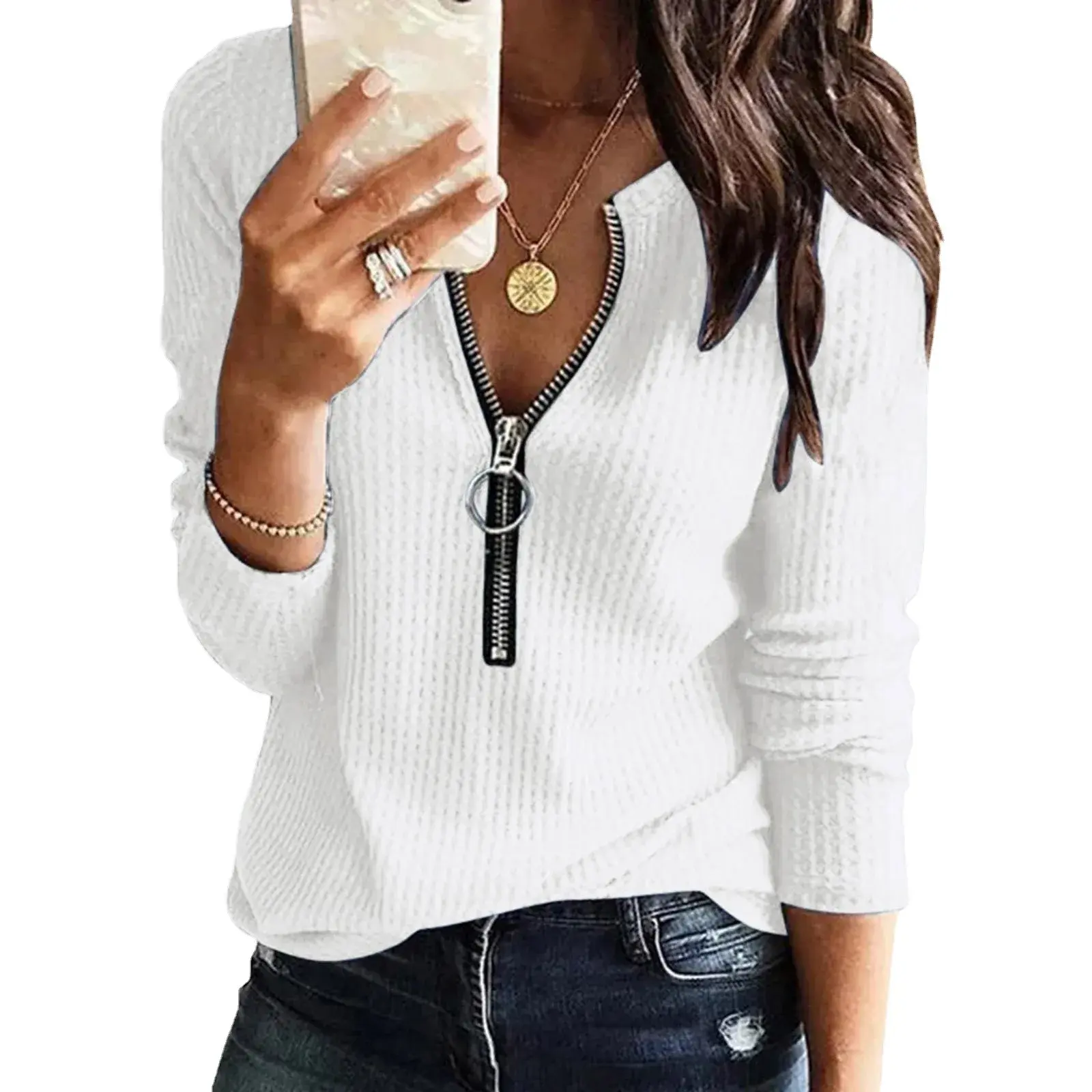 Women's Long Sleeve T-shirt Zipper V-neck Splicing Autumn Winter New Style Cross-border Fashion Independent Station Top