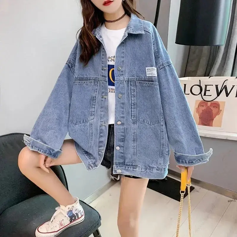 Casual Long Sleeve Denim Shirt Women's Versatile Spring Autumn Wear Multiple Times Outerwear Polyester Fiber Loose Fit