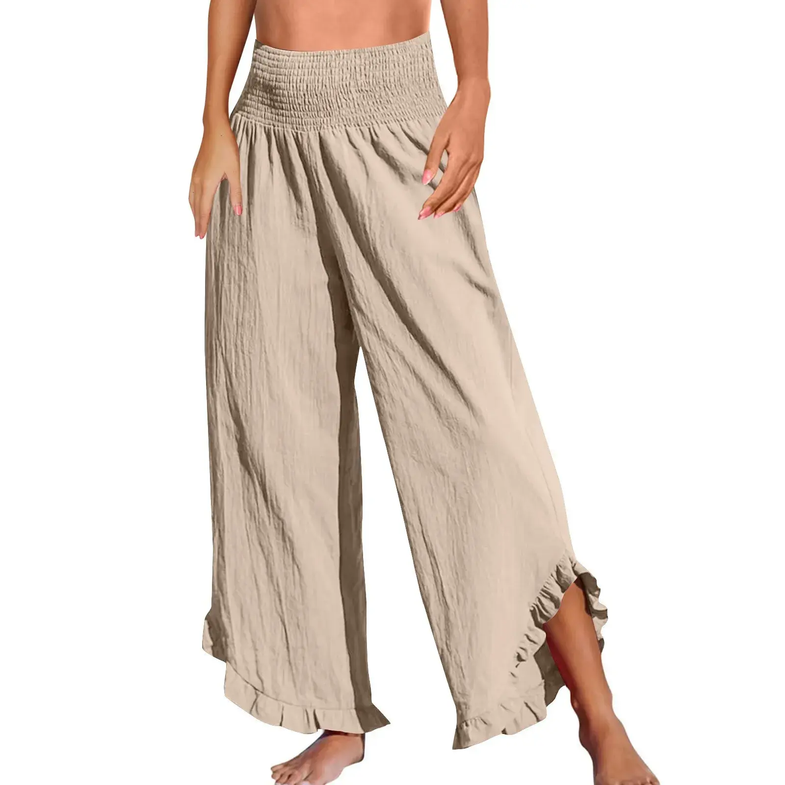 High Waist Drawstring Asymmetrical Hem Cotton Linen Loose Casual Pants Women's New Style 2025 Independent Station