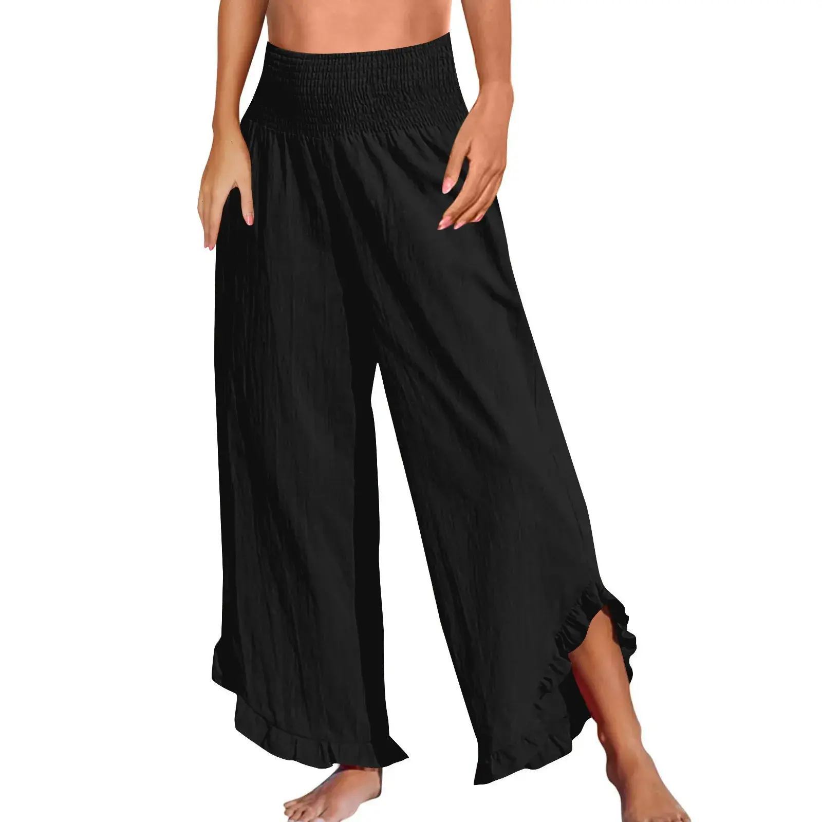 High Waist Drawstring Asymmetrical Hem Cotton Linen Loose Casual Pants Women's New Style 2025 Independent Station