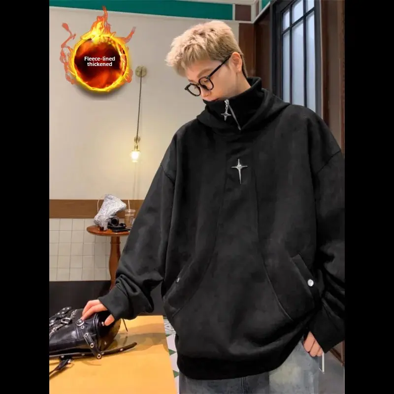 Ninja Society Fleece-Lined Hooded Sweatshirt Men's American Style Streetwear Heavy Duty Illusion Polo/Turtle Neck Sweatshirt