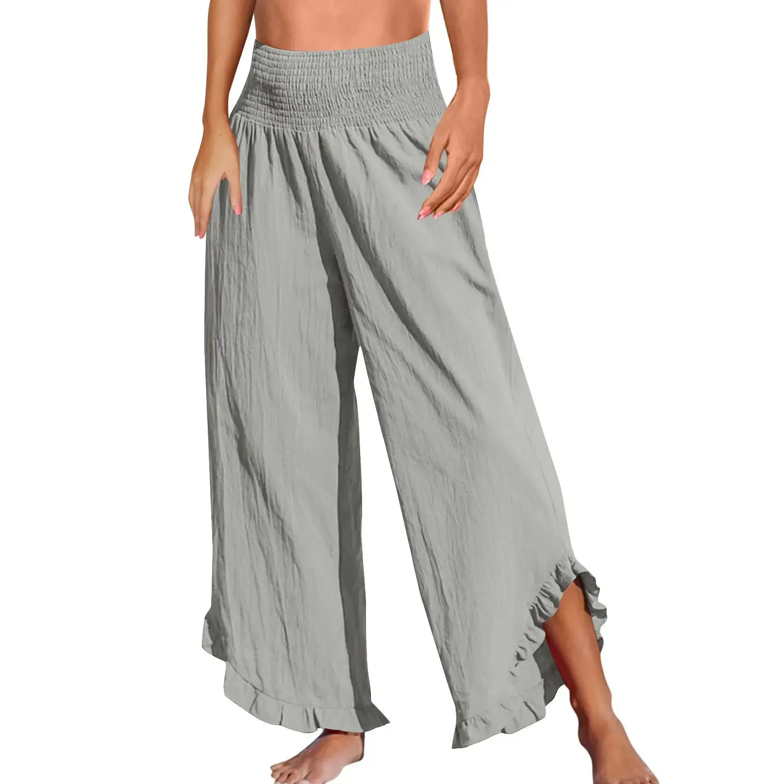 High Waist Drawstring Asymmetrical Hem Cotton Linen Loose Casual Pants Women's New Style 2025 Independent Station