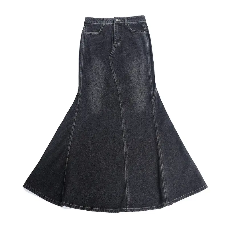 2023 Autumn/winter New Vintage High-waisted Denim Skirt For Women Slimming Hip-hugging Long Skirt Curved Tail Design