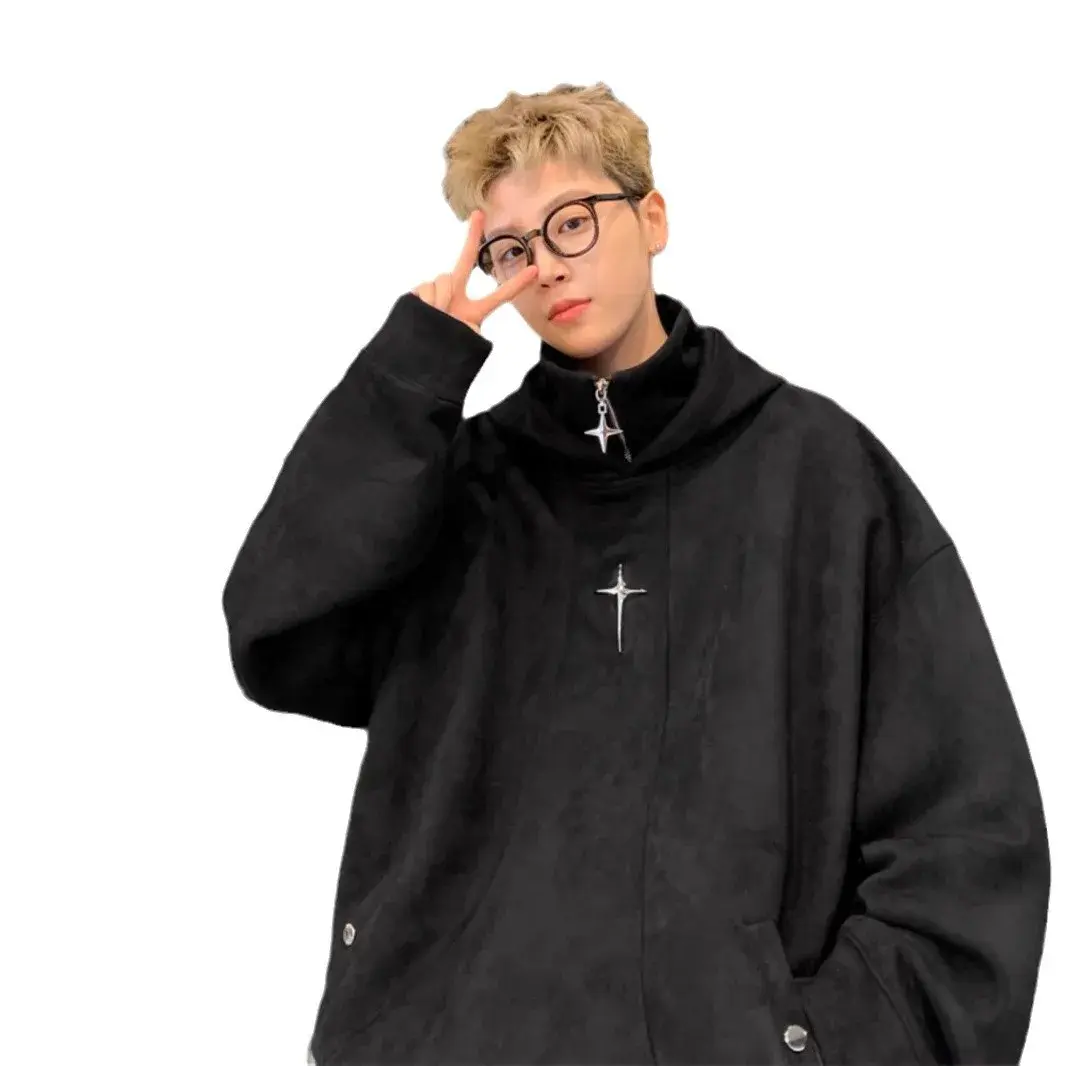 Ninja Society Fleece-Lined Hooded Sweatshirt Men's American Style Streetwear Heavy Duty Illusion Polo/Turtle Neck Sweatshirt