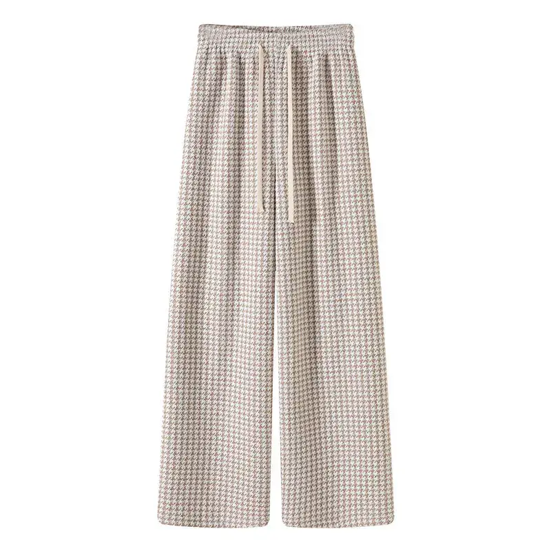 High Waist Wide Leg Pants Women's Autumn Winter New Style Lazy Casual Fleece Woolen Plaid Trousers Fashionable Comfortable