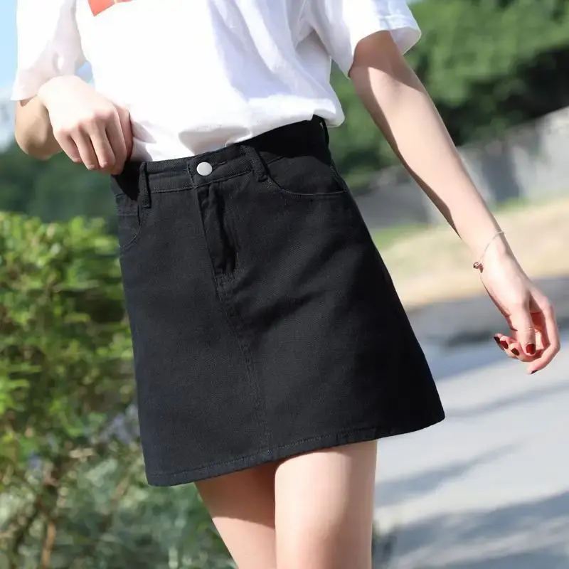 High Waist A- Line Mini Skirt for Women Denim Short Skirt Spring Summer New Style Korean Version Student Black And White Half Bo