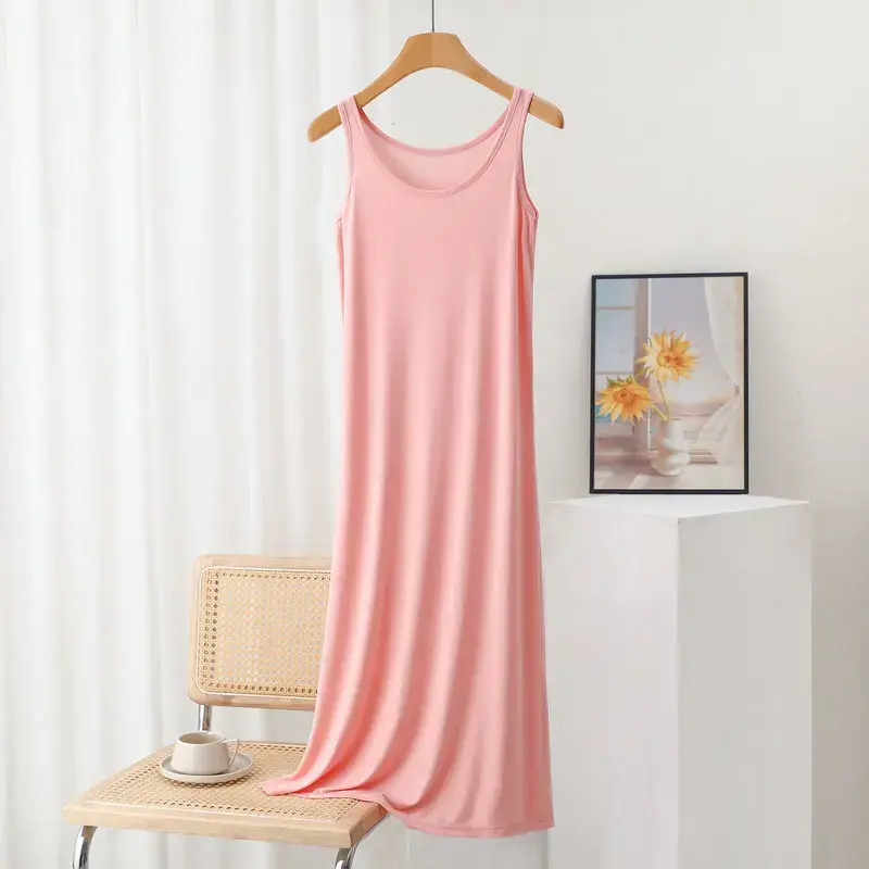 Plus Size Modal Long Dress Women's Spring Summer Loose A- Line Bottoming Skirt Home Sleepwear Sleeveless Pure Color Gown