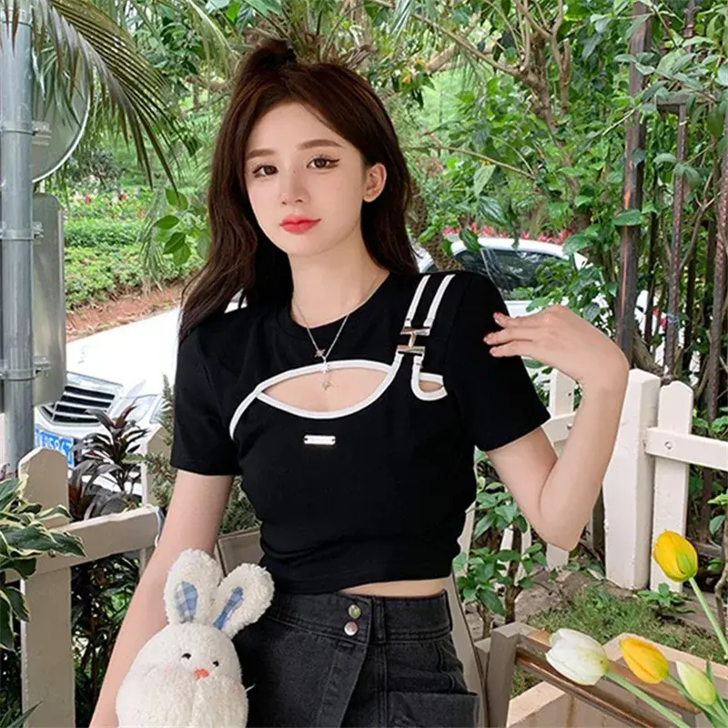 Pure Desire Aesthetic Irregular Two-Piece Illusionshort Sleeved Tops Women's Summer Design Sensibility Niche Sweet Spicy Girl Cr