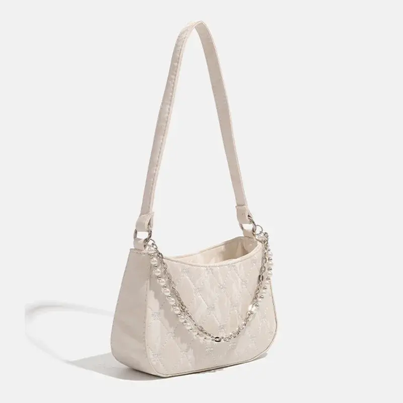 Korean Style Pure Desire Pearl Metal Double Chain Underarm Women's Bag Commuting Single Shoulder Bag Fashionable Ladies Purse