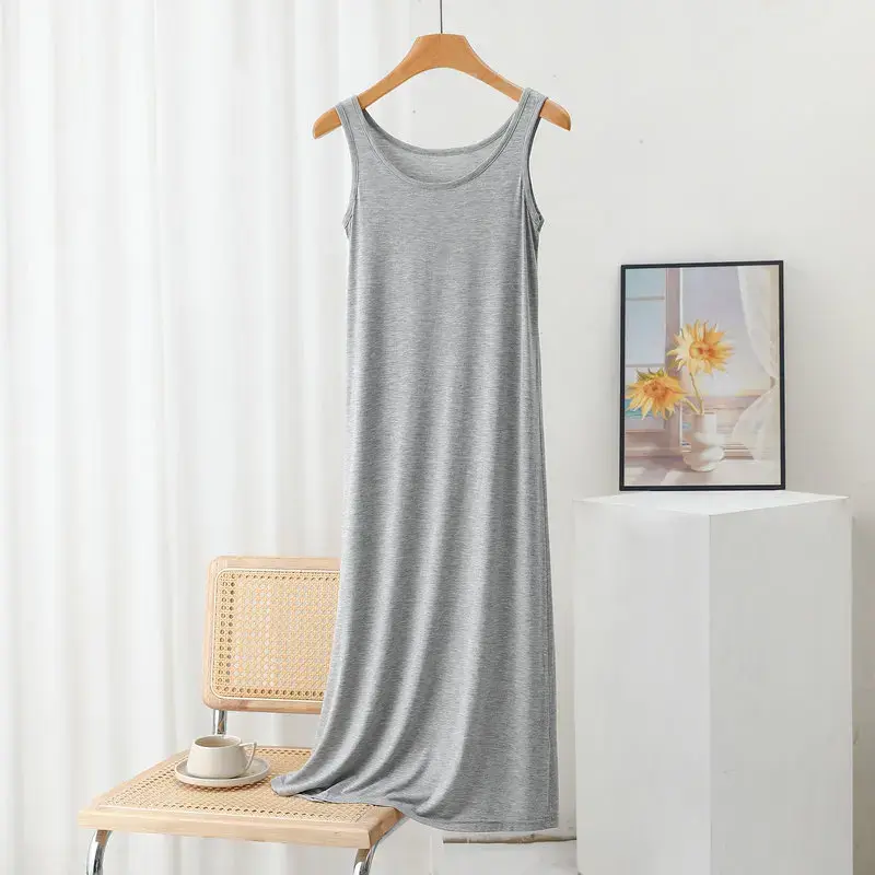 Plus Size Modal Long Dress Women's Spring Summer Loose A- Line Bottoming Skirt Home Sleepwear Sleeveless Pure Color Gown