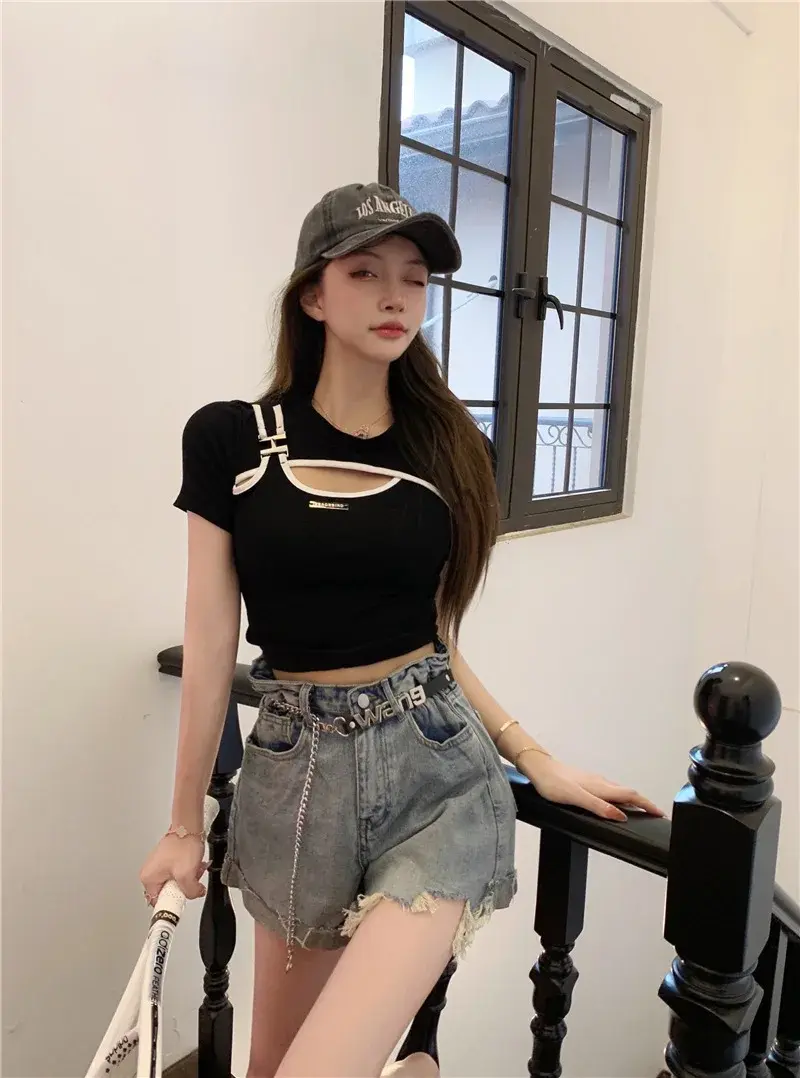 Pure Desire Aesthetic Irregular Two-Piece Illusionshort Sleeved Tops Women's Summer Design Sensibility Niche Sweet Spicy Girl Cr