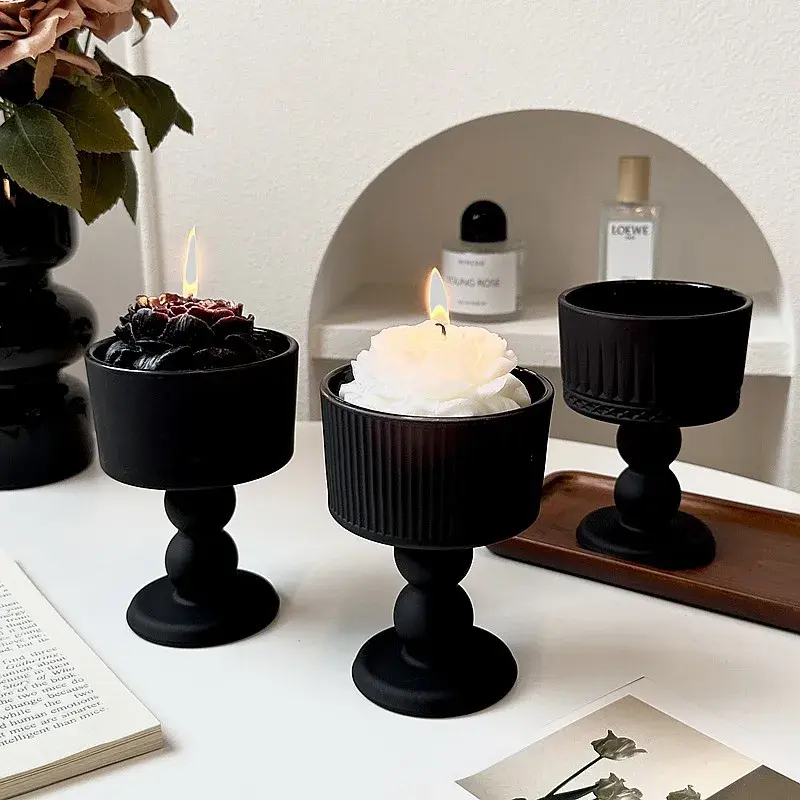 French Vintage Candle Holder Black Frosted Glass Candle Base Decorative Atmosphere Decoration Photography Prop Home Decor