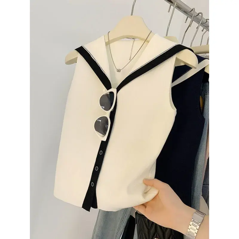 Korean Style Color Block Navy Collar Sleeveless Knitted Vest Women's Slim Fit Summer New Sweet And Spicy Trendy Top