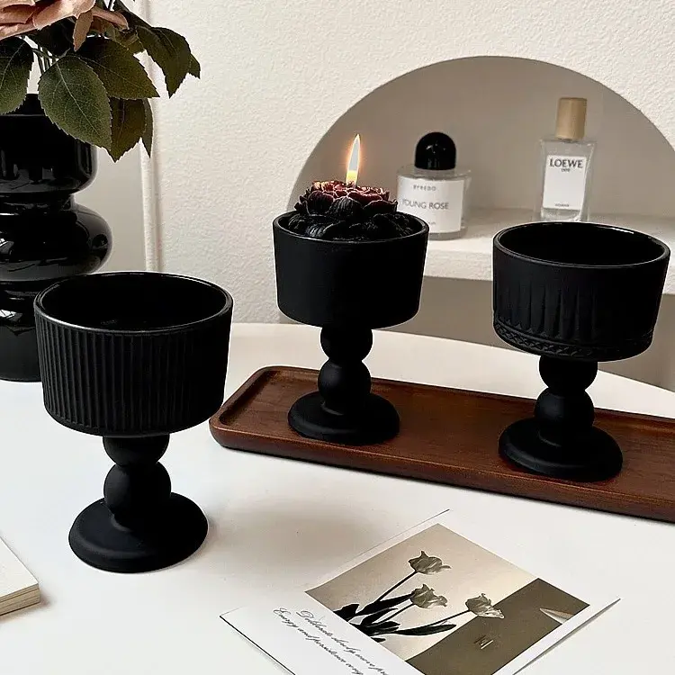 French Vintage Candle Holder Black Frosted Glass Candle Base Decorative Atmosphere Decoration Photography Prop Home Decor