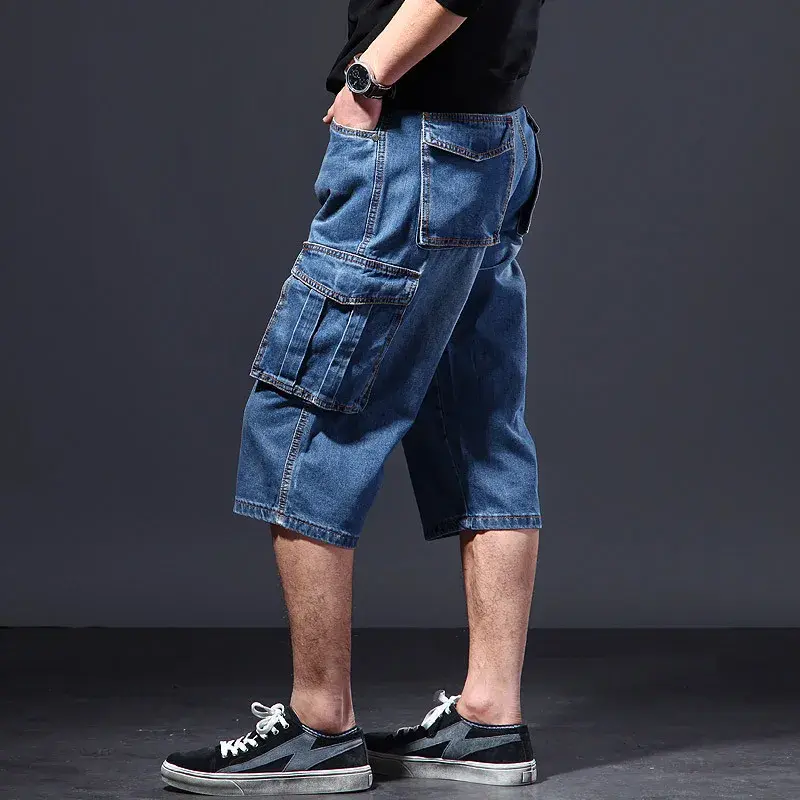 Amazon Summer Thin Loose-Fit Multi-Pocket Work Denim Shorts Casual Jeans Men's 5-Piece 7-Piece Ankle Length Blue Straight Leg