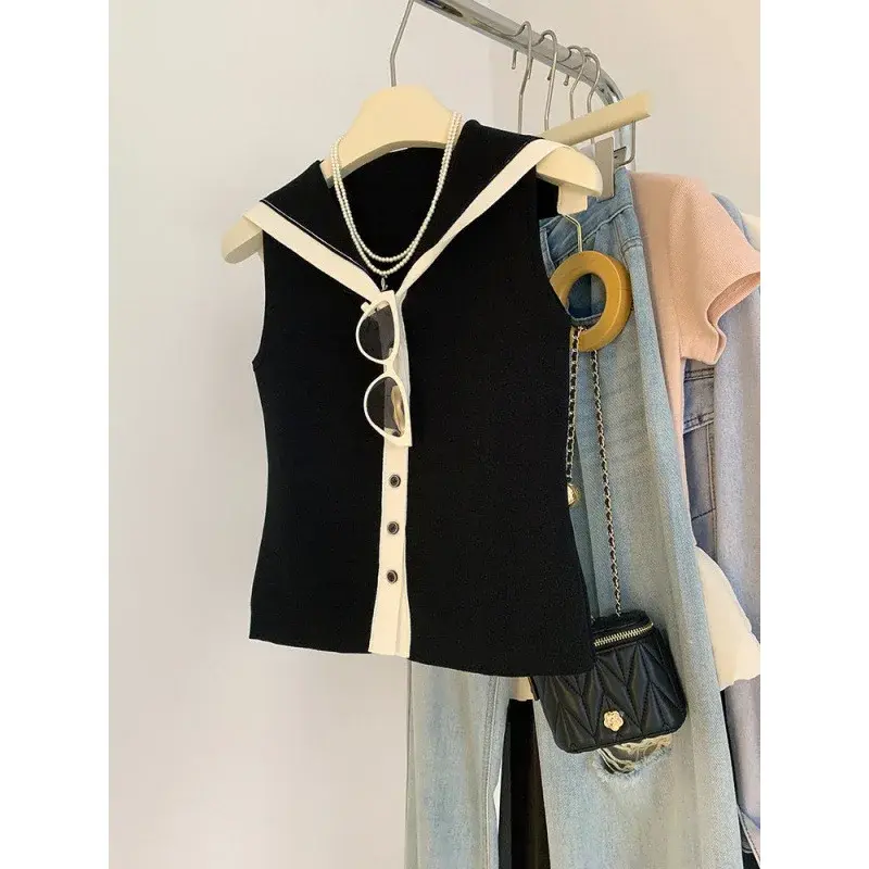Korean Style Color Block Navy Collar Sleeveless Knitted Vest Women's Slim Fit Summer New Sweet And Spicy Trendy Top