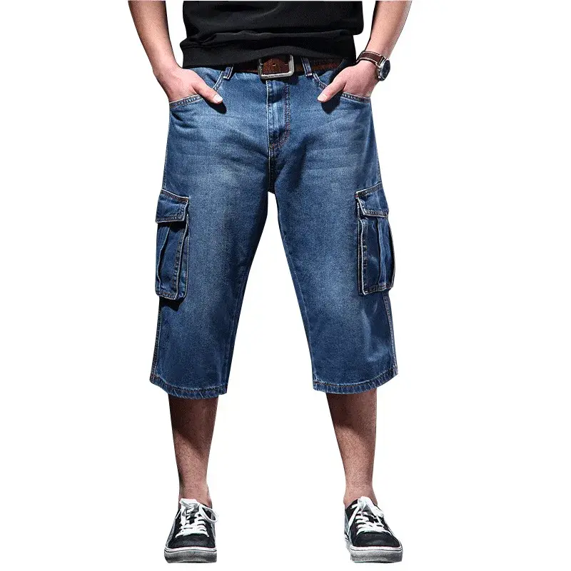 Amazon Summer Thin Loose-Fit Multi-Pocket Work Denim Shorts Casual Jeans Men's 5-Piece 7-Piece Ankle Length Blue Straight Leg