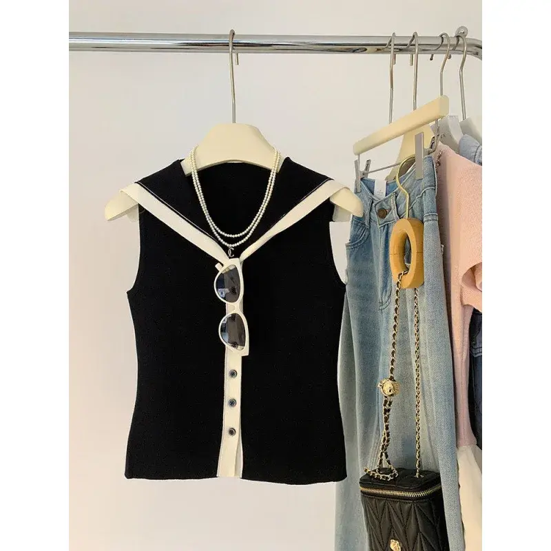 Korean Style Color Block Navy Collar Sleeveless Knitted Vest Women's Slim Fit Summer New Sweet And Spicy Trendy Top