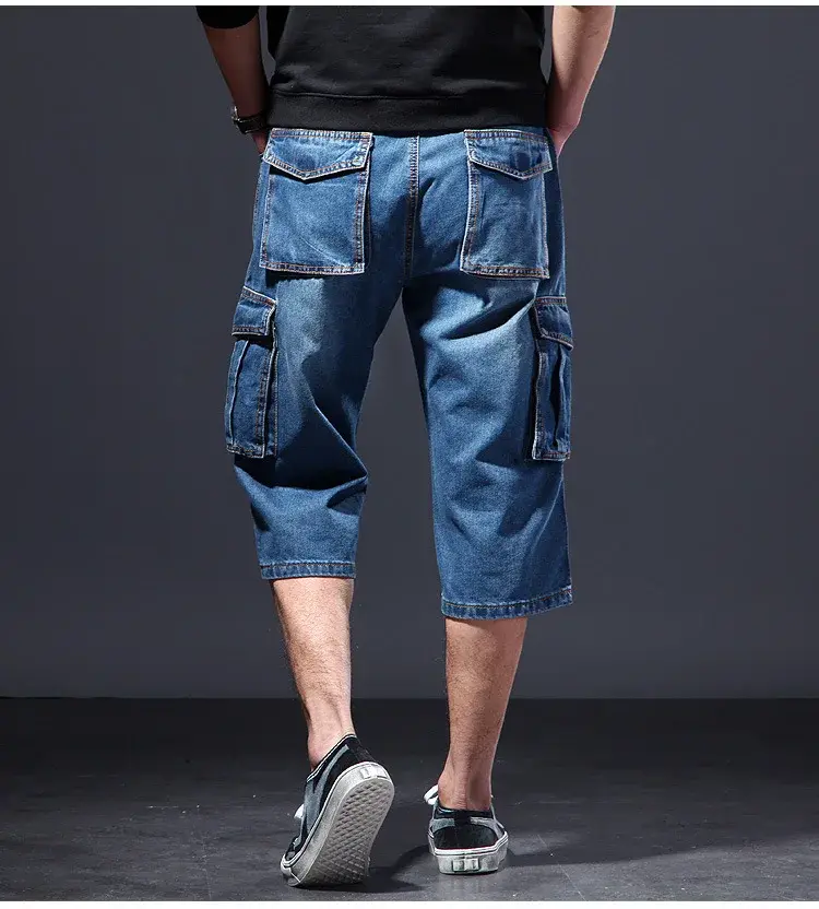 Amazon Summer Thin Loose-Fit Multi-Pocket Work Denim Shorts Casual Jeans Men's 5-Piece 7-Piece Ankle Length Blue Straight Leg