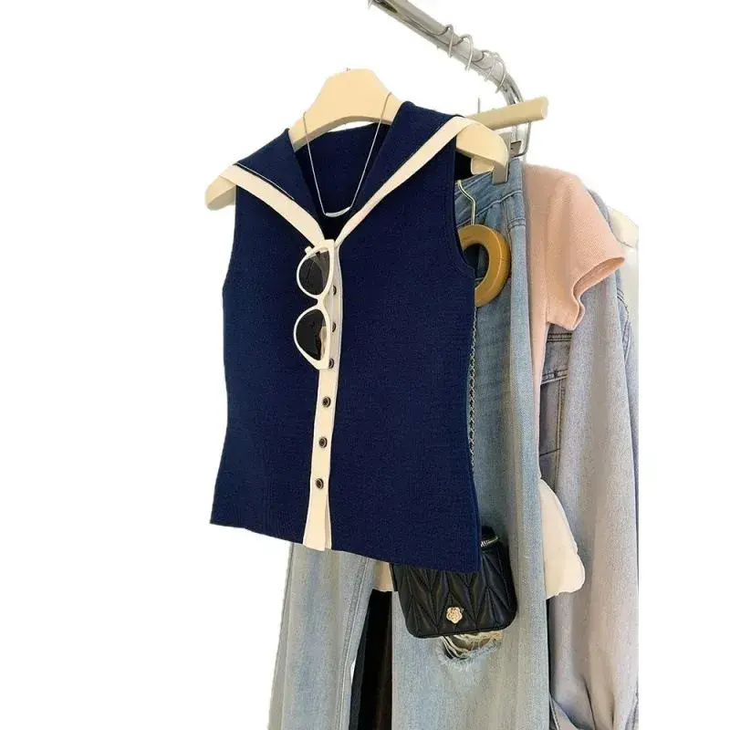 Korean Style Color Block Navy Collar Sleeveless Knitted Vest Women's Slim Fit Summer New Sweet And Spicy Trendy Top