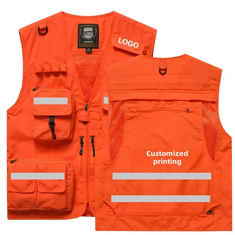 Customizable Reflective Vest Printed Workwear Multi-Pocket Large Size Safety Vest Casual V-Neck Men's Vest for Group Purchase
