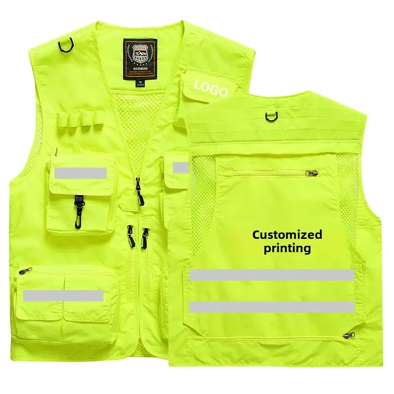 Customizable Reflective Vest Printed Workwear Multi-Pocket Large Size Safety Vest Casual V-Neck Men's Vest for Group Purchase