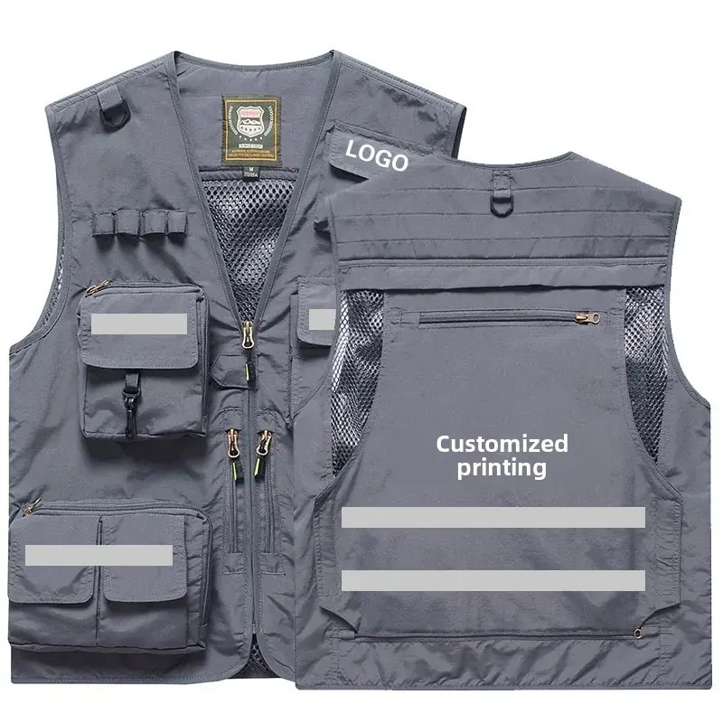 Customizable Reflective Vest Printed Workwear Multi-Pocket Large Size Safety Vest Casual V-Neck Men's Vest for Group Purchase