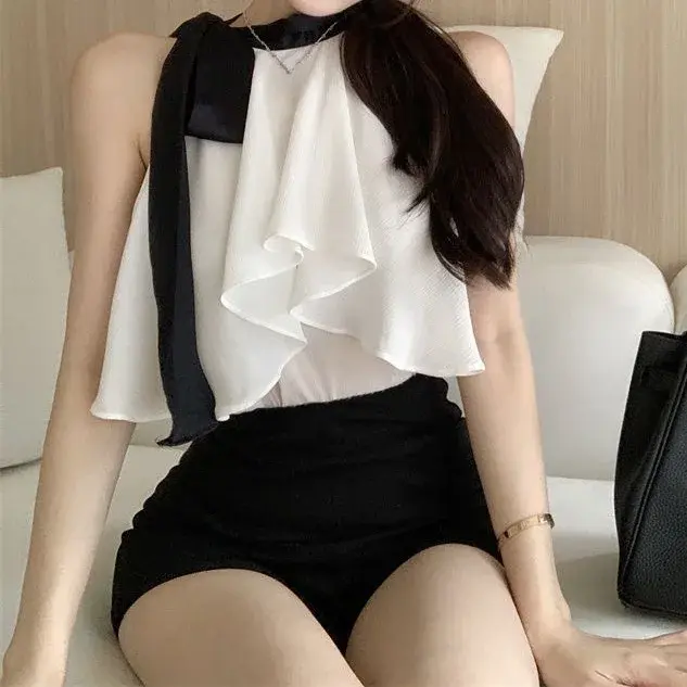 Pure Desire Design Shoulder Bared Neck Hanging Loose Meat Concealing Short Shaped Women's Summer Chiffon Shirt Stylish Top