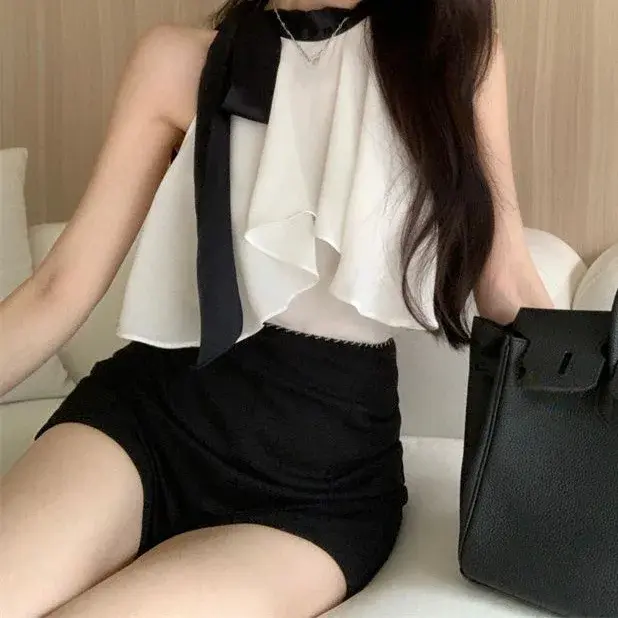 Pure Desire Design Shoulder Bared Neck Hanging Loose Meat Concealing Short Shaped Women's Summer Chiffon Shirt Stylish Top