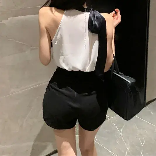 Pure Desire Design Shoulder Bared Neck Hanging Loose Meat Concealing Short Shaped Women's Summer Chiffon Shirt Stylish Top