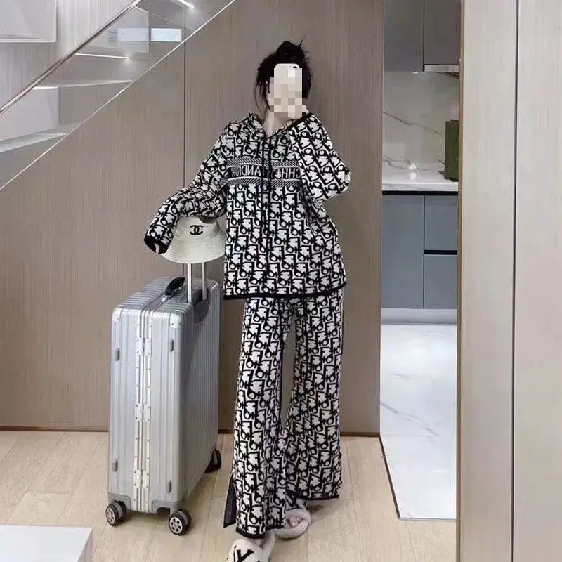 Fashionable Hoodie Set Women's Spring Autumn Wide Leg Pants Two Piece Suite Letter Print Street Style Comfortable Sweatshirt