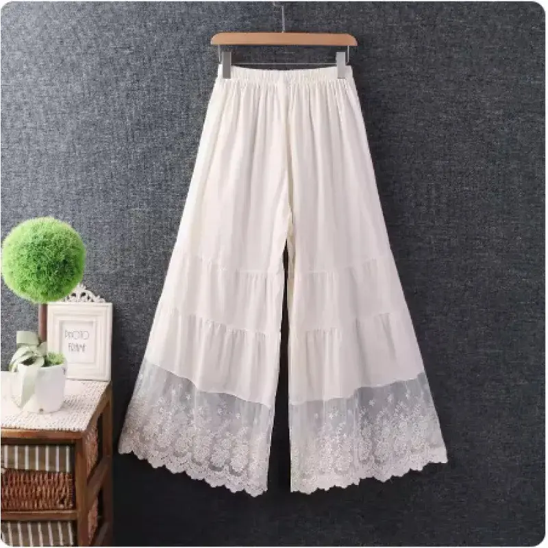 Spring New Style Women's Loose Fresh Cotton Linen Solid Color Wide Leg Pants Elastic Waist Lace Splicing Base Layer Trousers