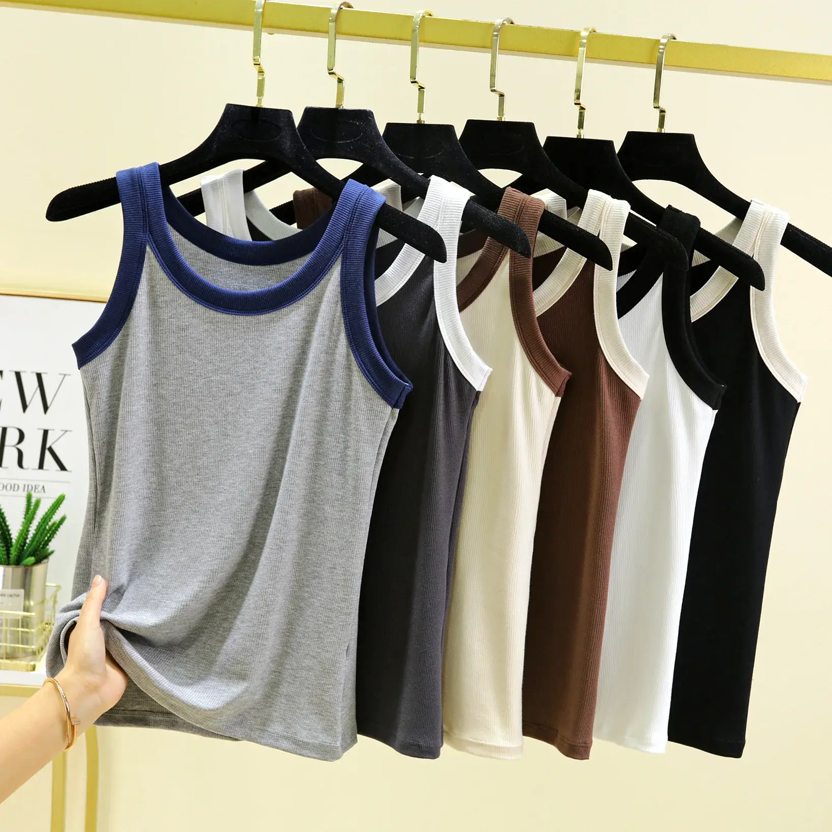 Summer New Style Slimming Cotton Top Round Neck Vest With Color Blocking Screw Thread Edge For Women Fashionable Versatile Base
