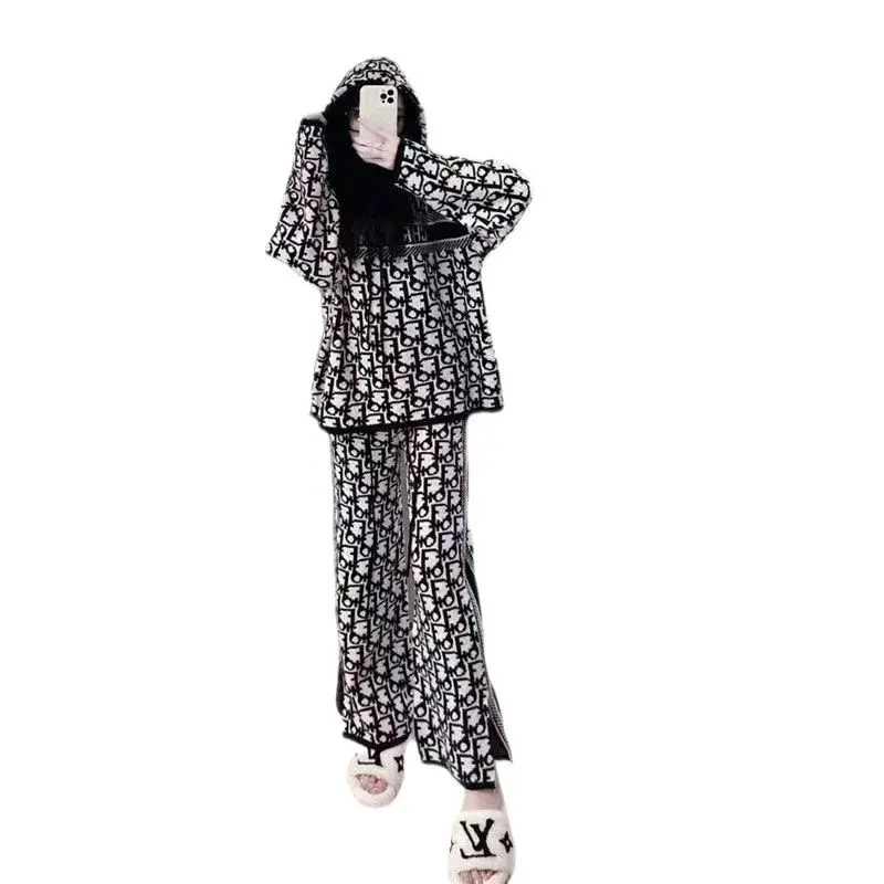 Fashionable Hoodie Set Women's Spring Autumn Wide Leg Pants Two Piece Suite Letter Print Street Style Comfortable Sweatshirt