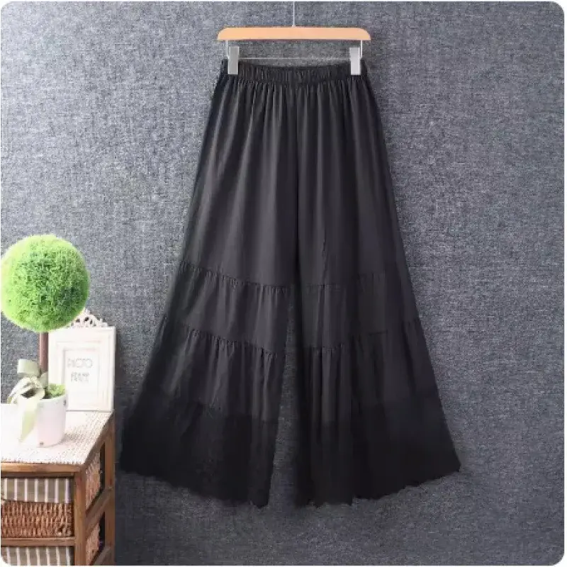 Spring New Style Women's Loose Fresh Cotton Linen Solid Color Wide Leg Pants Elastic Waist Lace Splicing Base Layer Trousers