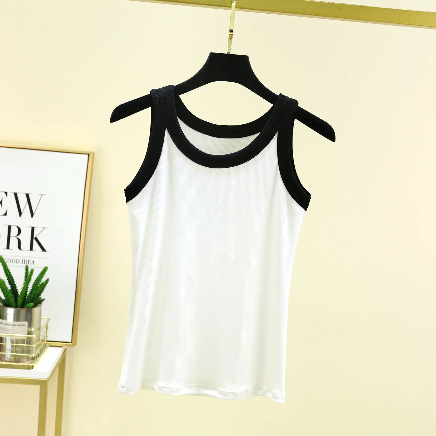 Summer New Style Slimming Cotton Top Round Neck Vest With Color Blocking Screw Thread Edge For Women Fashionable Versatile Base