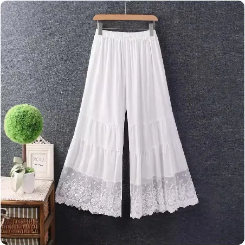 Spring New Style Women's Loose Fresh Cotton Linen Solid Color Wide Leg Pants Elastic Waist Lace Splicing Base Layer Trousers