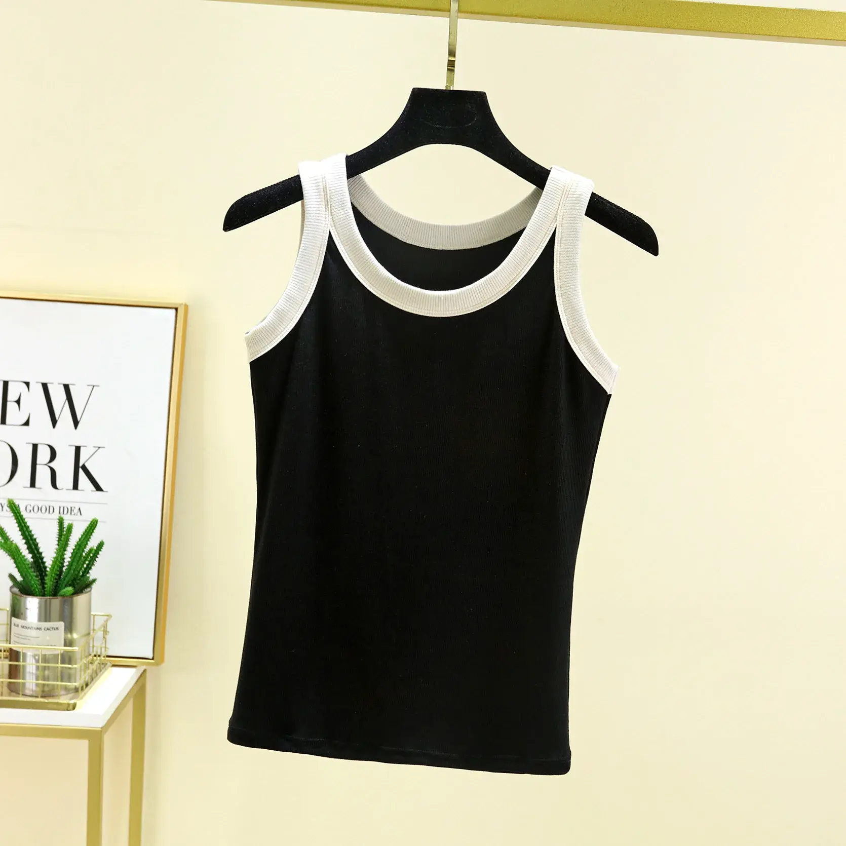 Summer New Style Slimming Cotton Top Round Neck Vest With Color Blocking Screw Thread Edge For Women Fashionable Versatile Base