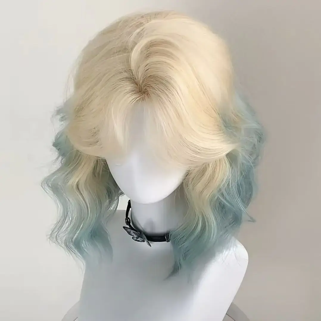 Angel's Love Women's New Style Fake Hair Platinum Gradient Ice Blue Half up Half down Soft Nature Feeling Wig Cover