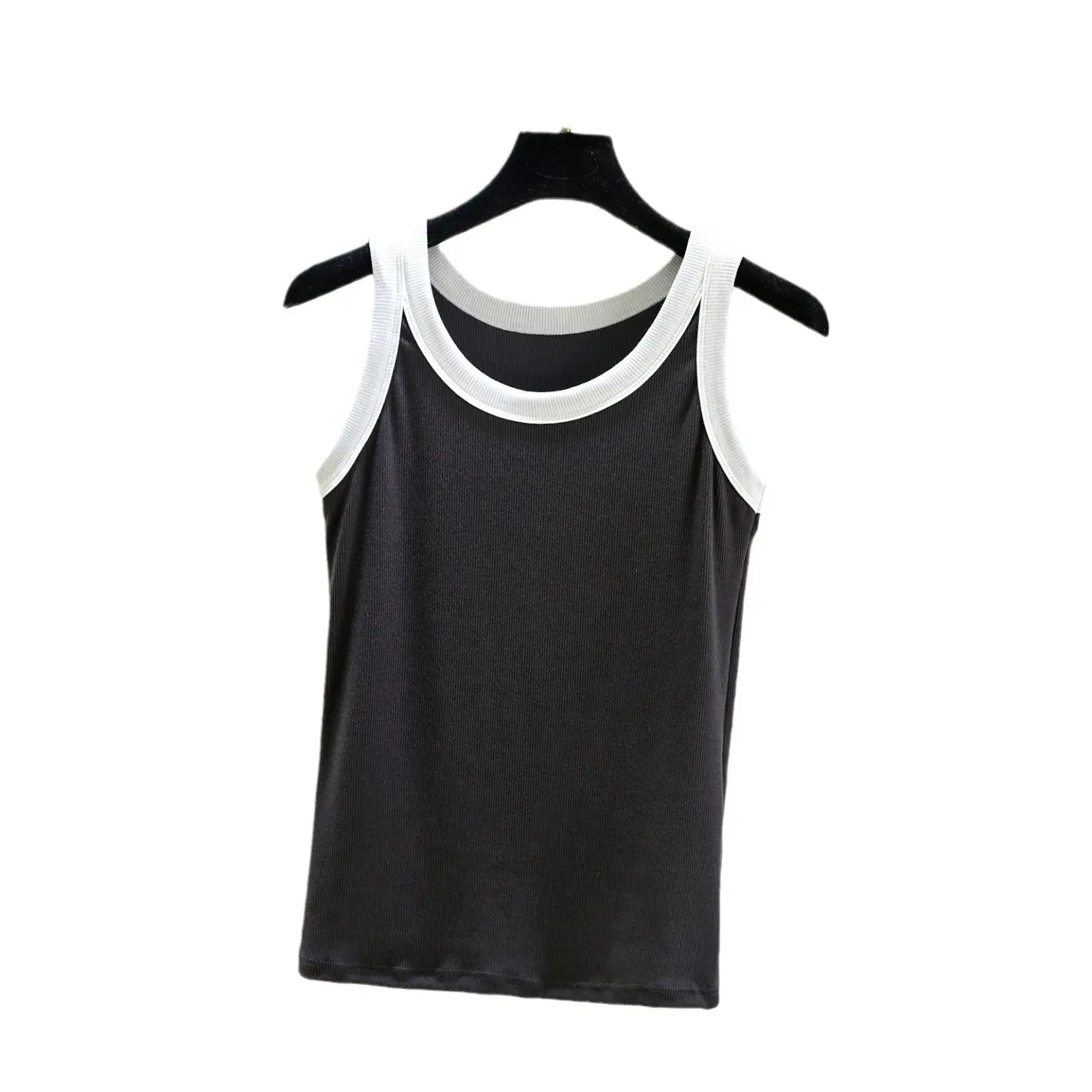 Summer New Style Slimming Cotton Top Round Neck Vest With Color Blocking Screw Thread Edge For Women Fashionable Versatile Base